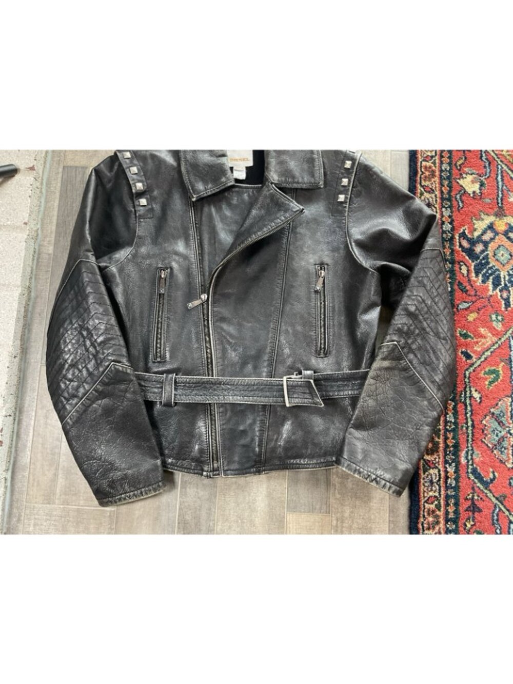Diesel Goat Leather Moto Biker Jacket Studded Belted Black Gray Womens MED Y2K - Picture 8 of 15